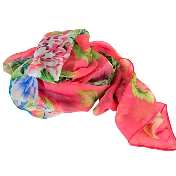 Summer Floral Garden Scarf Wrap Coral Chiffon Lightweight Sheer Silk-Feel Fabric - Picture 7 of 12
